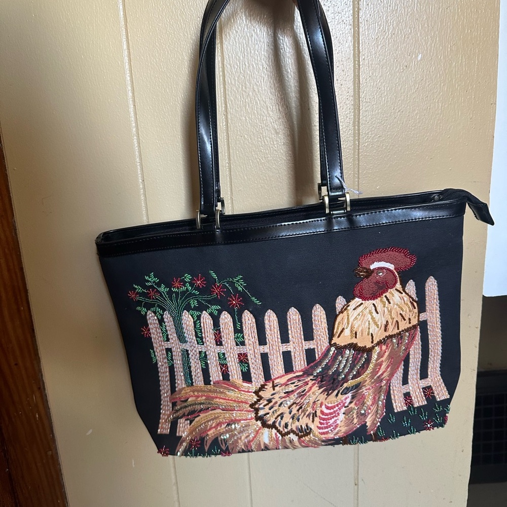 Embroidered Rooster Black Tote Bag